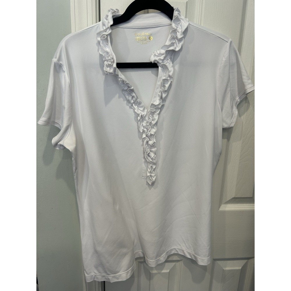 Lilly Pulitzer Luxletic Frida Ruffle Polo  Resort White XL UPF 50 Golf Picklebll